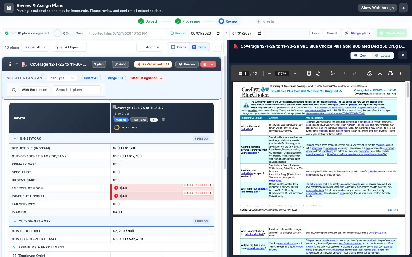 BART source verification workspace with a carrier document and extracted plan data side by side