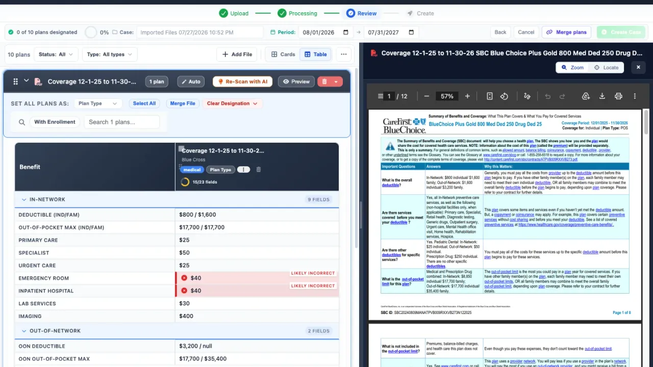 BART document review workspace showing plan data beside a carrier source document
