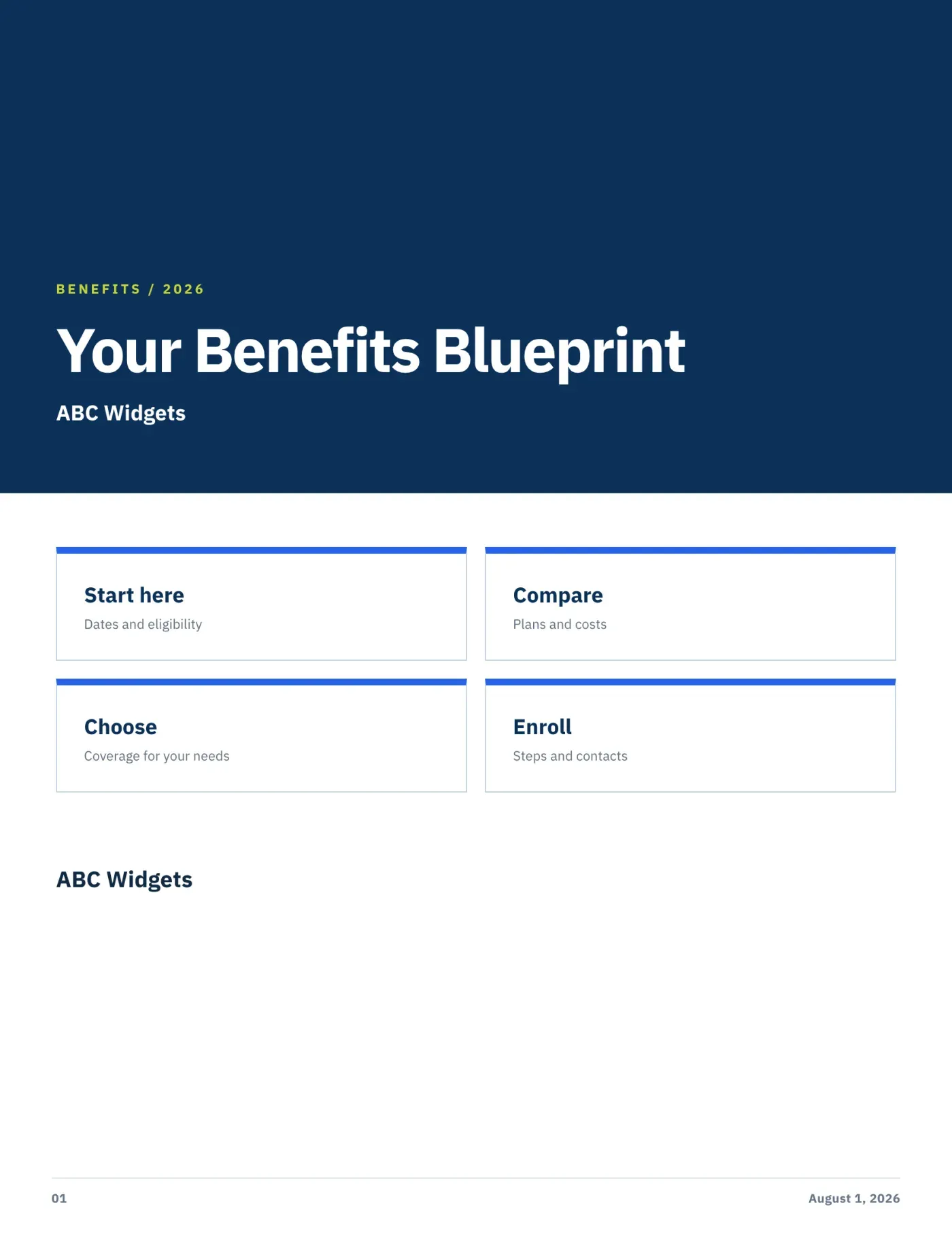 Modular Blueprint guide theme: navy header block over a four-card grid reading “Your Benefits Blueprint”