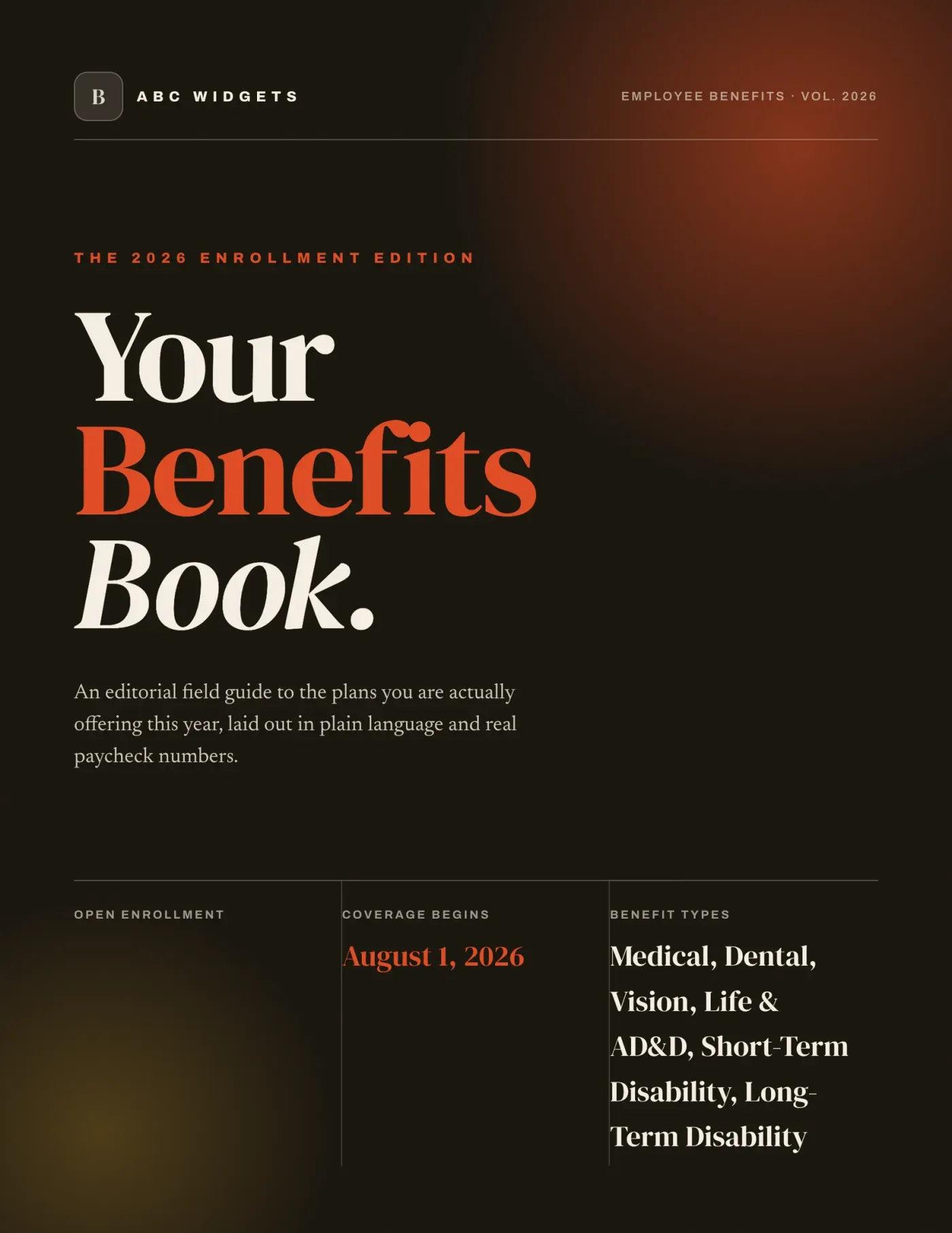 Editorial Bold guide theme: dark cover with a large serif headline reading “Your Benefits Book”