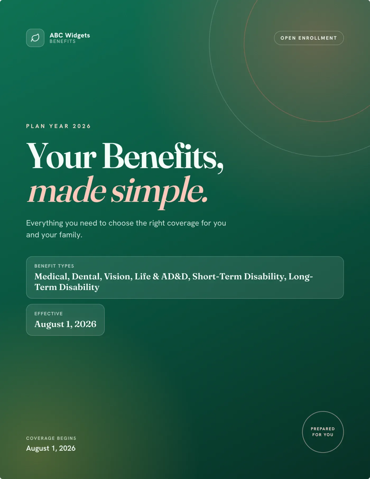 Modern Clean guide theme: green gradient cover reading “Your Benefits, made simple”