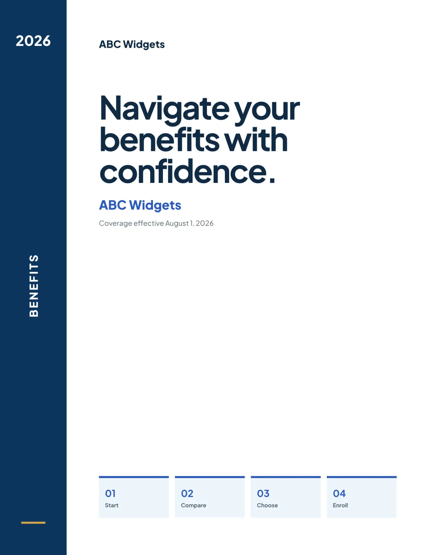 Blue Navigator guide theme: white cover with a navy sidebar reading “Navigate your benefits with confidence”