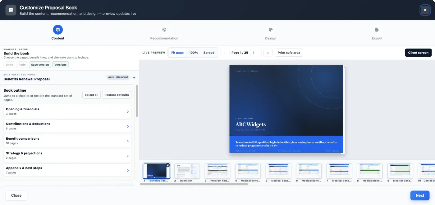 The BART proposal book builder: chapter outline on the left, live page preview and page thumbnails on the right