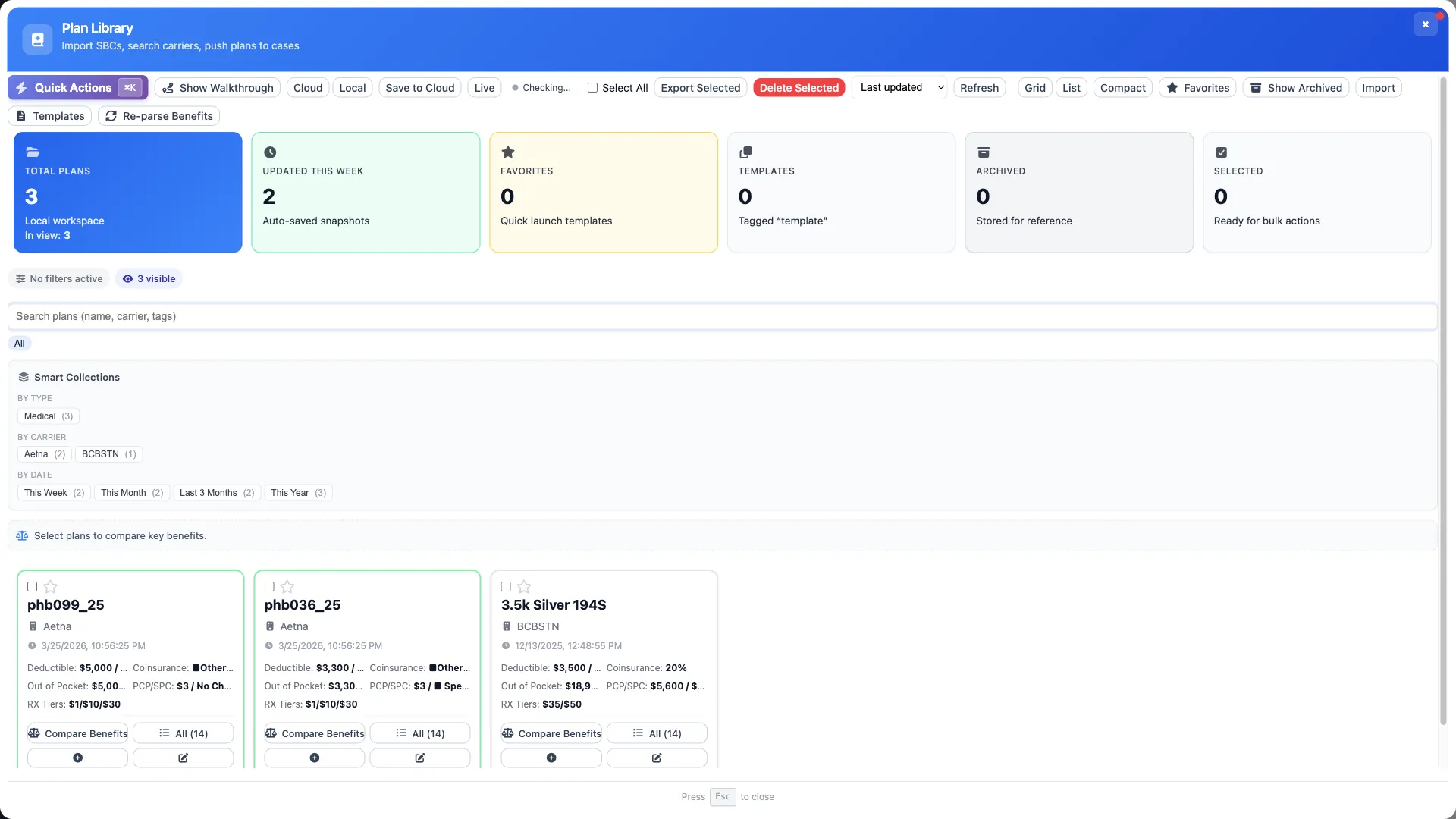 Plan library management interface showing organized collections