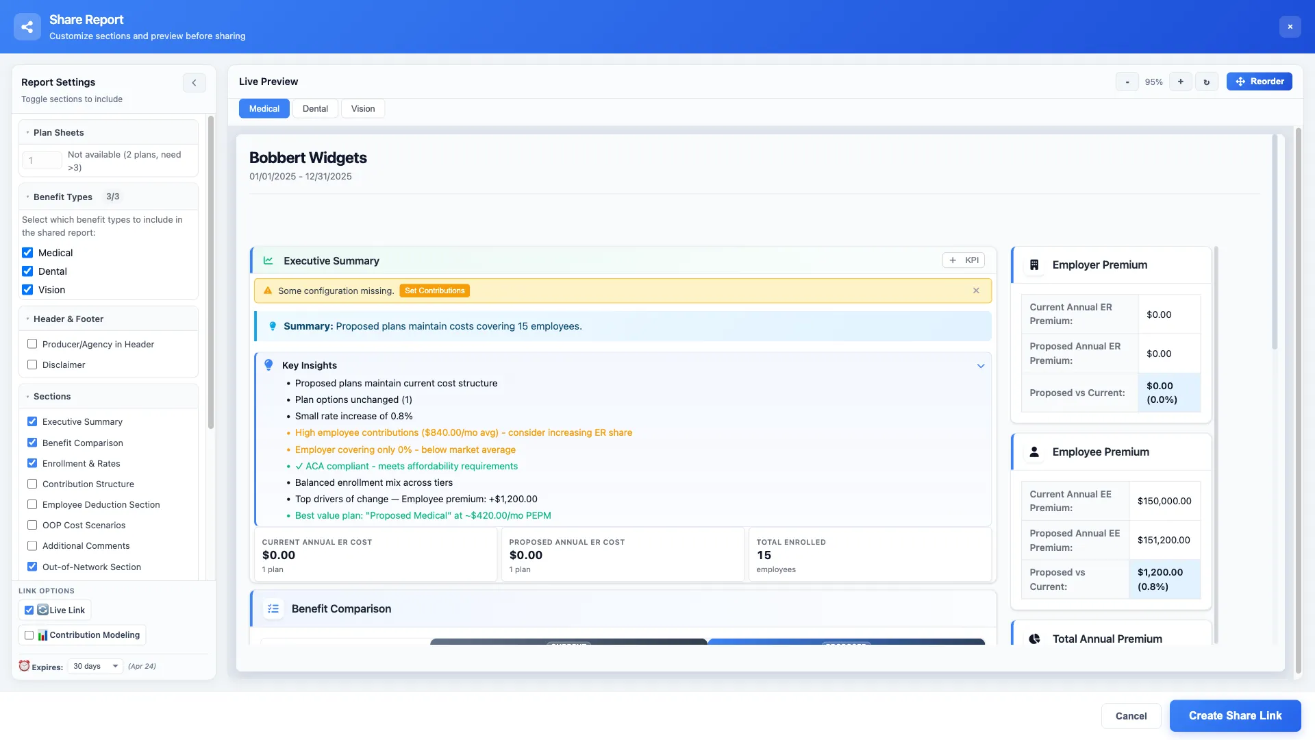 Share modal showing secure link options and access controls