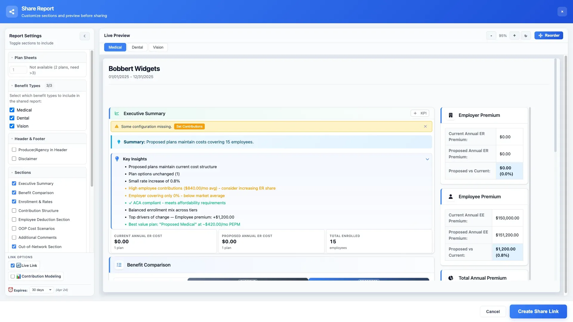Share modal showing secure link options and access controls