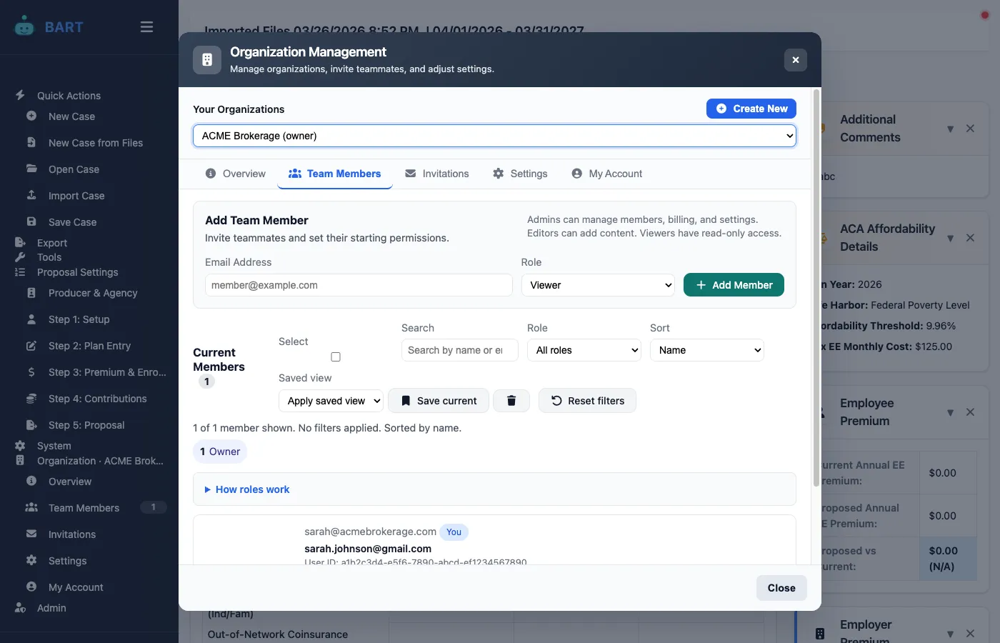 Team organization dashboard showing shared cases and member access